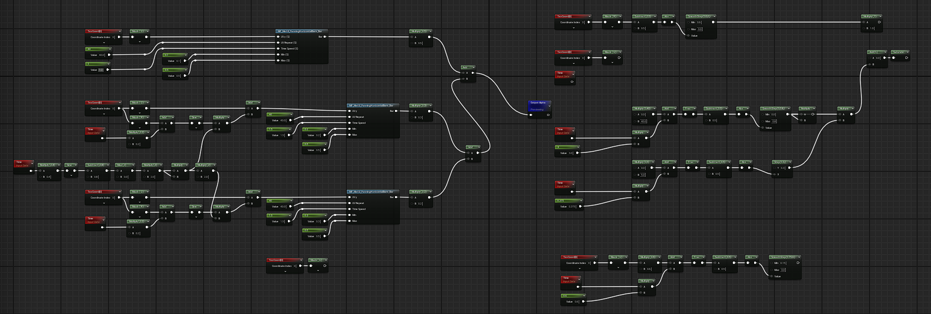 Material graph, multi-layered panning horizontal bars with wave distortion.