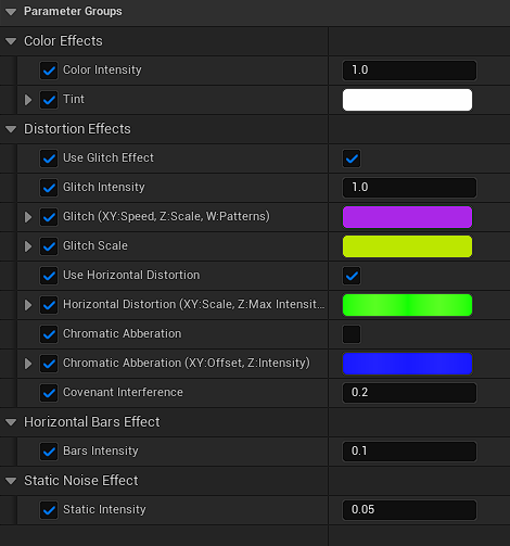 UMG parameter panel grouped into Color Effects, Distortion Effects, Horizontal Bars Effect, Static Noise Effect.