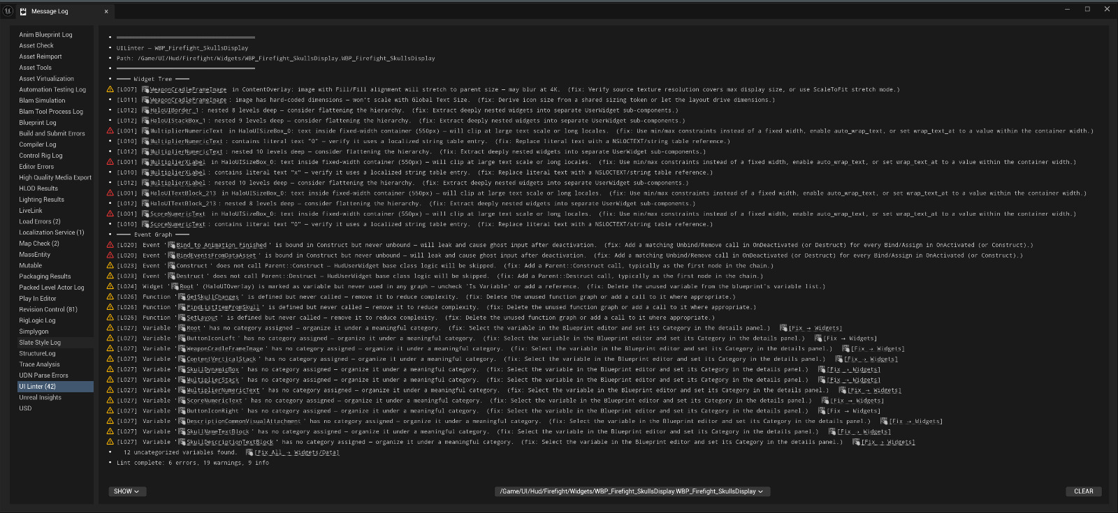 Message Log window showing UI Linter category with dozens of tree and event-graph findings, severity icons, and clickable Fix links.