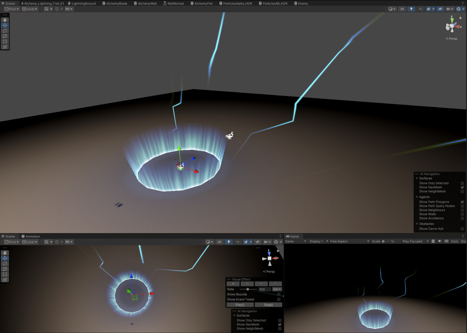 In-Unity view of the alchemy circle with lightning trails erupting from the ground.