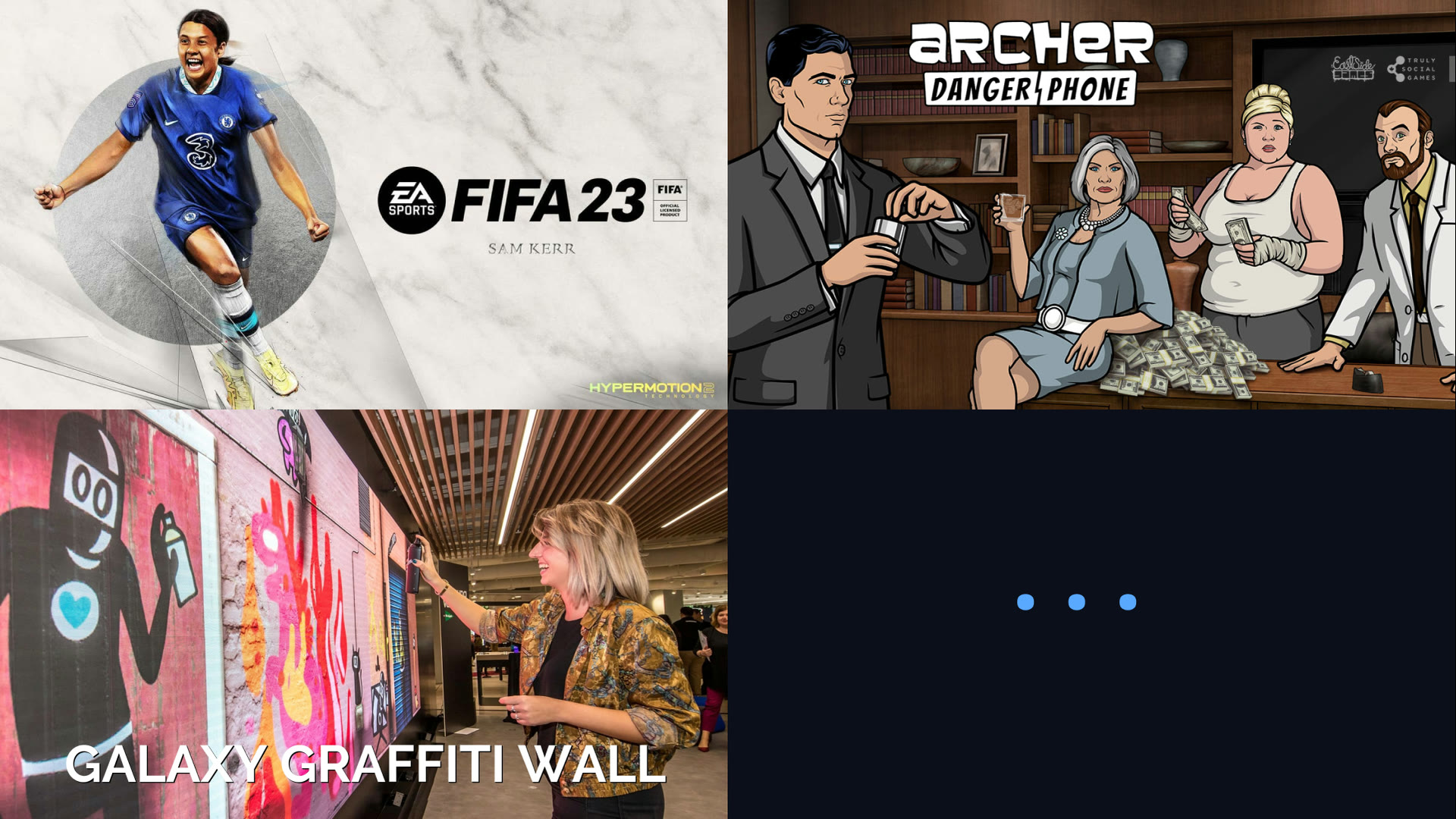Highlights from other projects: FIFA 23, Archer: Danger Phone, and the Galaxy Graffiti Wall installation.
