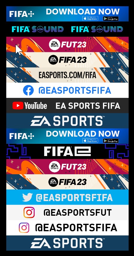 Second batch of processed adboards, showing FIFA 23 sponsor and social media banners with correct 64px height and cropped backgrounds.
